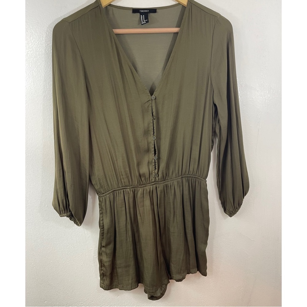 Forever 21 Olive Green Botton Down Short Romper Size: M